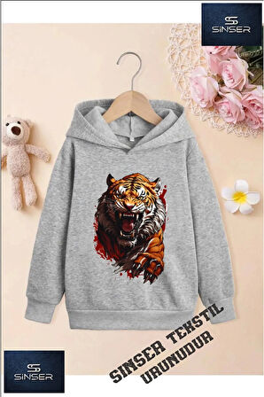Kız/Erkek Çocuk Beyaz Kapüşonlu ''KAPLAN BOYALI'' Baskılı Sweatshirt
