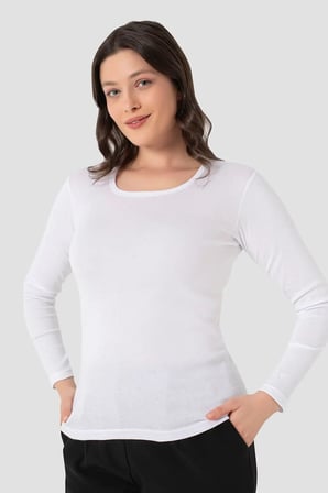 Tekstil Ürün Regular Boy Düz Kesim 2 Adet Kadın Beyaz Tişört Bisiklet Yaka Uzun Kollu Fanila Badi