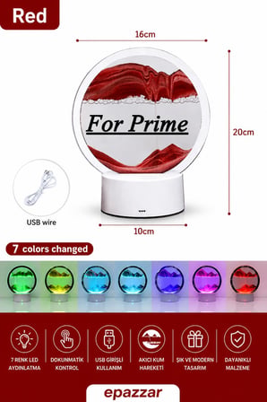 Işıklı Kum Saati Kırmızı 3d Cam 7 Renk Multicolor Çöl Tasarımlı Sulu Dokunmatik Panelli Usb Girişli