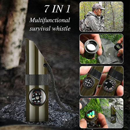 2 Adet 7si1arada Acil Durum Düdüğü,El Feneri, Termometre,Pusula,Büyüteç, Hazne Kampçı Düdüğü