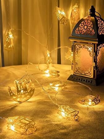 Ramazan Konsept Süsleme Pilli Led Işık 10 Model Gold Metal Kandil Ay Yıldız Minare 