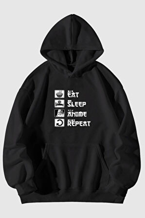 Eat Sleep Anime Repeat Baskılı Unisex Siyah Kanguru Cepli Kapüşonlu Sweatshirt Hoodie | L