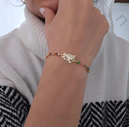 Estetik Kuş Motifli, 14 Ayar Altın Plakalı ve Renkli Taş İşlemeli Ebru İsimli Bileklik