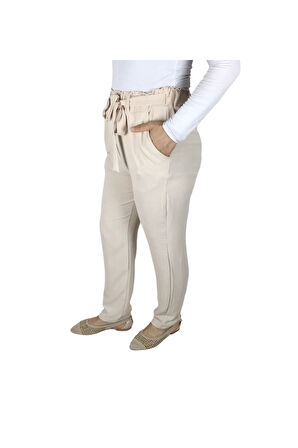 KADIN BELİ LASTİKLİ KUŞAKLI CEPLİ DAR PAÇA AYROBİN PANTOLON KREM-L