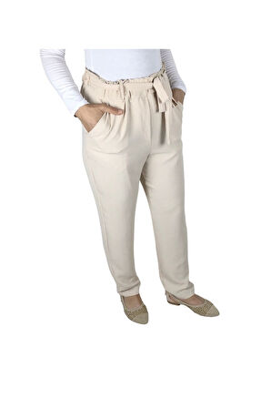 KADIN BELİ LASTİKLİ KUŞAKLI CEPLİ DAR PAÇA AYROBİN PANTOLON KREM-L