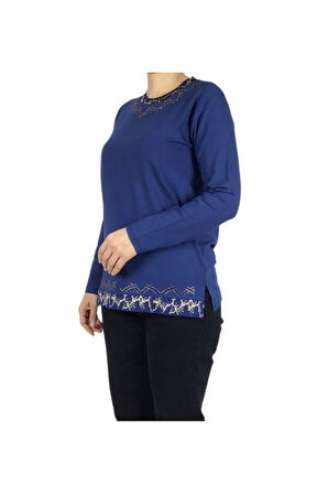 KADIN YAKA ETEK İŞLEME VE TAŞLI MEVSİMLİK NERGİS BLUZ