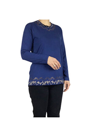 KADIN YAKA ETEK İŞLEME VE TAŞLI MEVSİMLİK NERGİS BLUZ