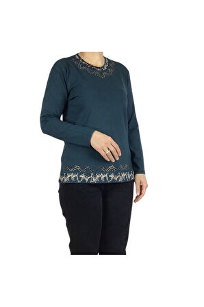 KADIN YAKA ETEK İŞLEME VE TAŞLI MEVSİMLİK NERGİS BLUZ