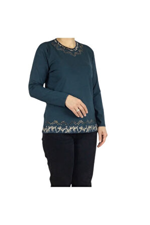 KADIN YAKA ETEK İŞLEME VE TAŞLI MEVSİMLİK NERGİS BLUZ