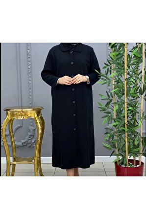 ÇELİK ÖRGÜ ÖNÜ DÜĞMELİ YAKA VE KOLAĞZI KÜRKLÜ UZUN TRİKO HIRKA