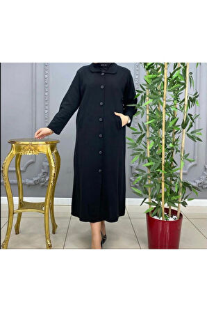 ÇELİK ÖRGÜ ÖNÜ DÜĞMELİ YAKA VE KOLAĞZI KÜRKLÜ UZUN TRİKO HIRKA