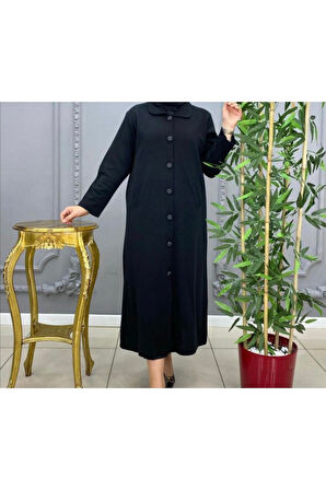 ÇELİK ÖRGÜ ÖNÜ DÜĞMELİ YAKA VE KOLAĞZI KÜRKLÜ UZUN TRİKO HIRKA