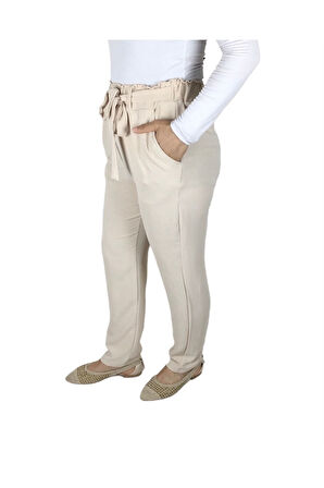 KADIN BELİ LASTİKLİ KUŞAKLI CEPLİ DAR PAÇA AYROBİN PANTOLON KREM-2XL