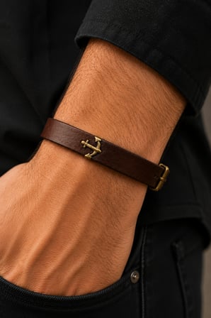 Çapa Figürlü Gerçek Deri Kahverengi Bileklik Ayarlanabilir Unisex Bileklik