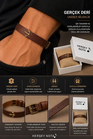 Çapa Figürlü Gerçek Deri Kahverengi Bileklik Ayarlanabilir Unisex Bileklik