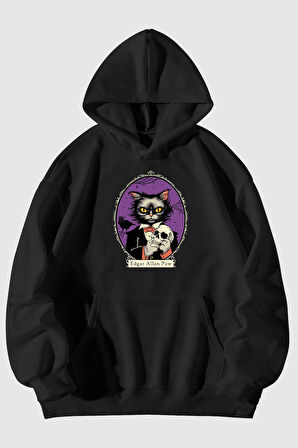 Edgar Allan Paw Baskılı Unisex Kanguru Cepli Kapüşonlu Sweatshirt Hoodie | S