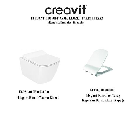 Creavit Eg321 Elegant Kanalsız Asma Klozet, Creavit Yavaş Kapanan Kapak