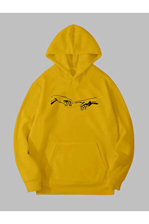Üç İplik Michelangelo Eller Baskılı Unisex Sarı Kanguru Cepli Kapüşonlu Sweatshirt Hoodie | M