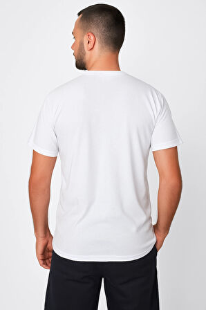 Erkek Beyaz %100 Pamuk Regular Kesim Sıfır Yaka Basic Tişört - Company