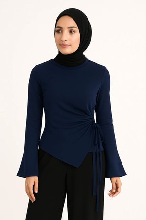 Lacivert Sendy Kumaş Yan Bağcıklı Şık Bluz