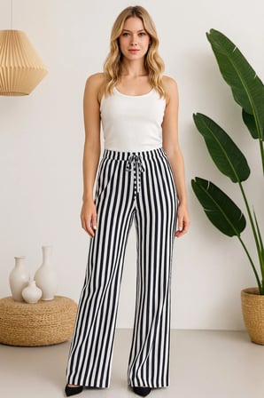 Siyah-Beyaz Dikey Çizgili Basic Pantolon