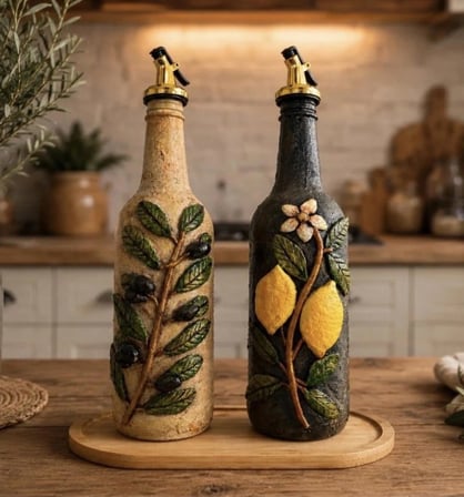 Akdeniz Esintisi El İşçiliği Kil Kabartmalı Dekoratif Cam Şişe İkili Yağdanlık Seti 750 ML