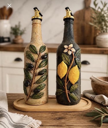 Akdeniz Esintisi El İşçiliği Kil Kabartmalı Dekoratif Cam Şişe İkili Yağdanlık Seti 750 ML