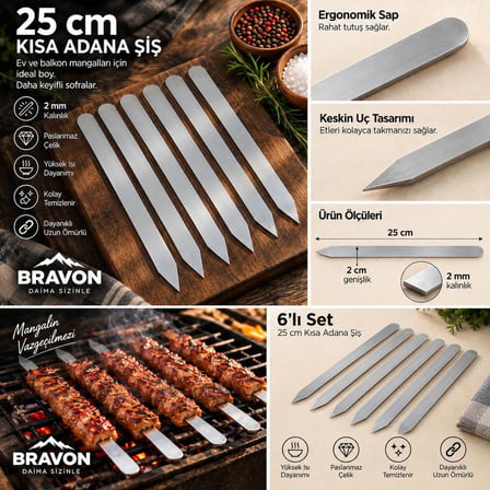Bravon Outdoor 2mm Paslanmaz Çelik 25 cm Kısa Adana Şiş – 6’lı Set