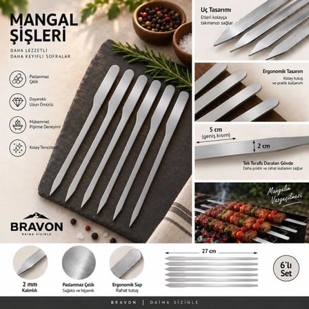 Bravon Outdoor 2mm Paslanmaz Çelik 27 cm Çöp Şiş – 6’lı Set