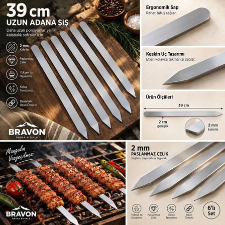 Bravon Outdoor 2 mm Paslanmaz Çelik 39 cm Uzun Adana Şiş – 6’lı Set