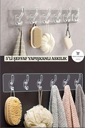 Şeffaf Vakumlu Duvar Askısı 5’li – Yapışkanlı Pratik Askı Kanca – Delmeden Montaj, Suya Dayanıklı 
