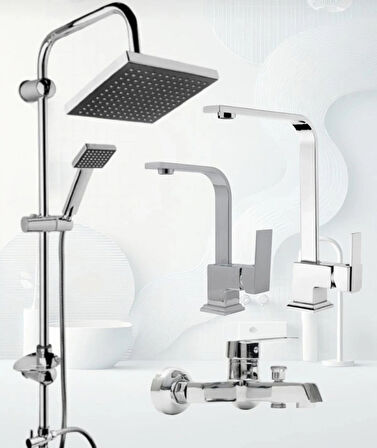 ROBOT DUŞ SETİ AĞIR KARE BANYO, LAVABO, MUTFAK BATARYASI MUSLUĞU 4’LÜ SET TAKIM GARANTİLİ