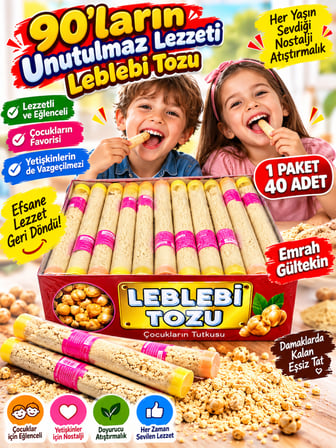 Nostaljik Leblebi Tozu 40 Adet Tüp Paket Çocuk ve Yetişkinlere Özel Efsane Atıştırmalık Gerçek leblebiden üretilmiştir