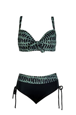 Endeep Kadın Büyük Beden Balenli Destekli Su Yeşili Desenli Bikini Takımı