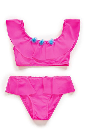 Endeep Kız Çocuk Volanlı Aksesuarlı Pembe Bikini Takımı