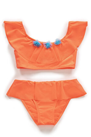 Endeep Kız Çocuk Volanlı Aksesuarlı Turuncu Bikini Takımı
