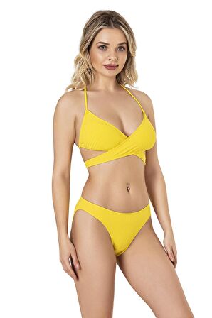 Endeep Kadın Çapraz Model Dokulu Sarı Bikini Takımı