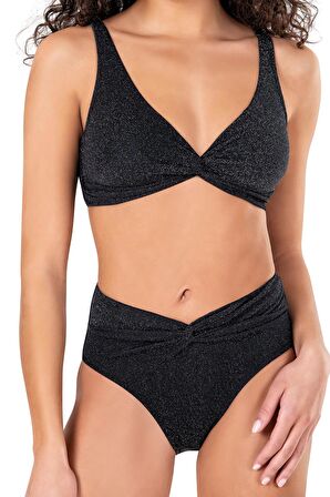 Endeep Kadın Yüksek Bel Siyah Simli Bikini Takımı