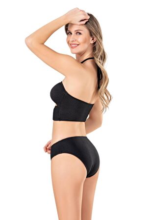 Endeep Kadın Halka Aksesuarlı Dokulu Siyah Bikini Takımı