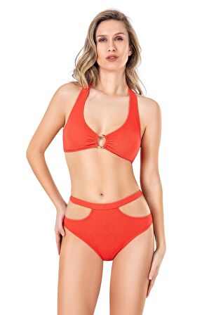 Endeep Kadın Aksesuarlı Cut Out Detaylı Nar Çiçeği Bikini Takımı