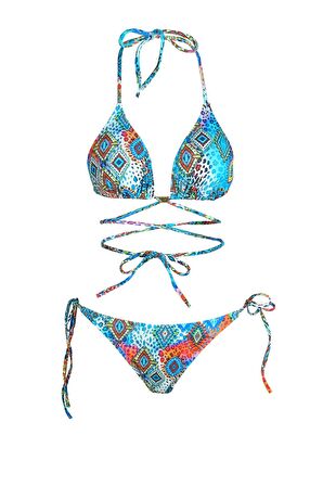 Beria Kadın Çapraz Bağlama Detaylı Üçgen İpli Mavi Desenli Bikini Takımı