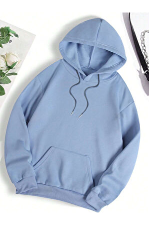 3 Iplik Kalın Pofuduk Enjoy Baskılı Bebe Mavisi Unisex Kanguru Cepli Kapüşonlu Sweatshirt Hoodie | S