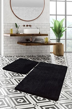 Post Peluş Banyo Paspas 2 Li Set, Kaymaz Taban Makina Da Yıkanılabilir 80x50cm- 40x50cm Siyah