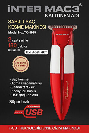 İnter MAC3 TC-1919 Şarjlı Saç & Sakal Kesme Makinesi – 5 Tarak, T-Cut Teknolojisi, USB Şarj