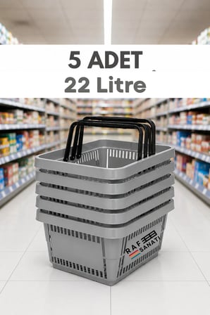 5 ADET / 22 Litre Plastik Market Alışveriş Sepeti Profesyonel Market Mağaza El Sepeti Gri