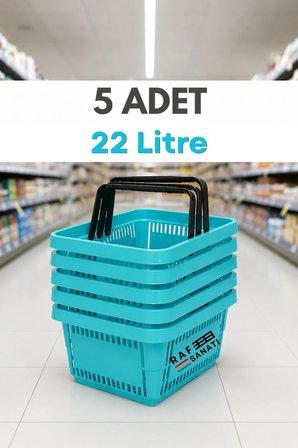5 ADET / 22 Litre Plastik Market Alışveriş Sepeti Profesyonel Market Mağaza El Sepeti Turkuaz
