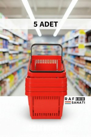 5 ADET / 22 Litre Plastik Market Alışveriş Sepeti Profesyonel Market Mağaza El Sepeti Kırmızı