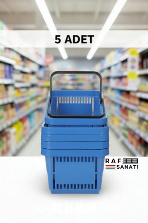 5 ADET / 22 Litre Plastik Market Alışveriş Sepeti Profesyonel Market Mağaza El Sepeti Mavi