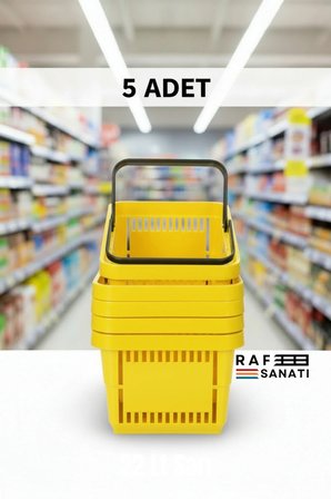 5 ADET / 22 Litre Plastik Market Alışveriş Sepeti Profesyonel Market Mağaza El Sepeti Sarı