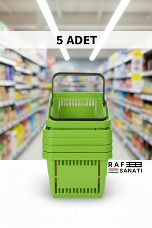 5 ADET / 22 Litre Plastik Market Alışveriş Sepeti Profesyonel Market Mağaza El Sepeti Yeşil